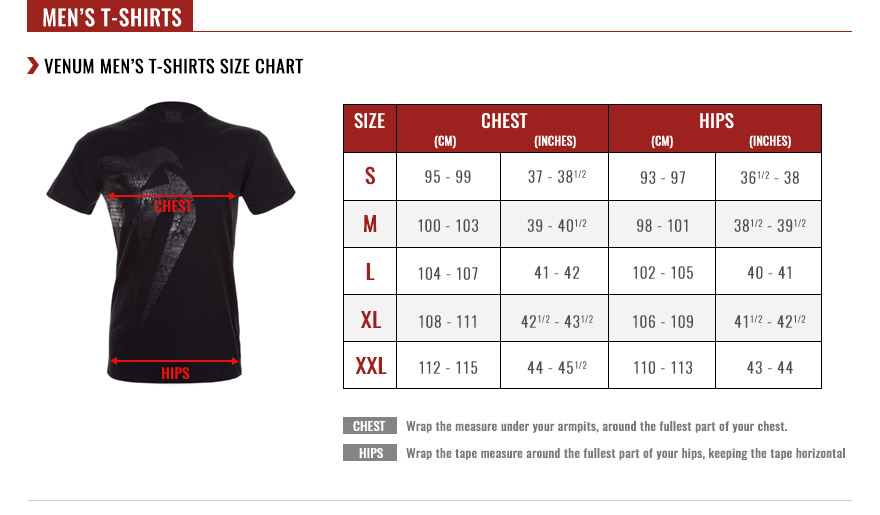 venum men t-shirts size chart