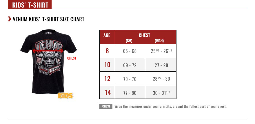 venum kids tshirts size chart